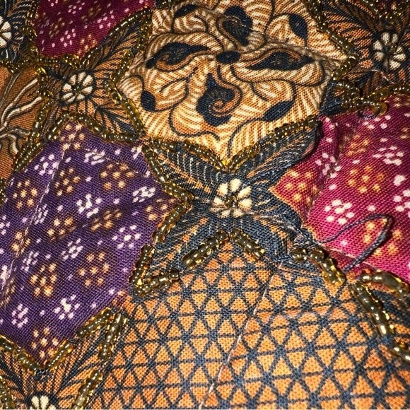 Vintage Cache Beaded Vest Medium Faux Leather Trim Ties Earth Tones Retro - Picture 13 of 13